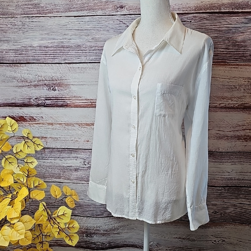 NEW CHICO'S WHITE COTTON LONG SLEEVE BUTTON-UP SHIRT BLOUSE